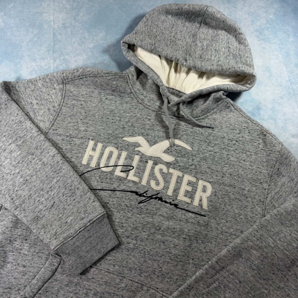 Hollister Hoodie Mens Medium Gray Excellent Embroidered Logo Pullover Fleece